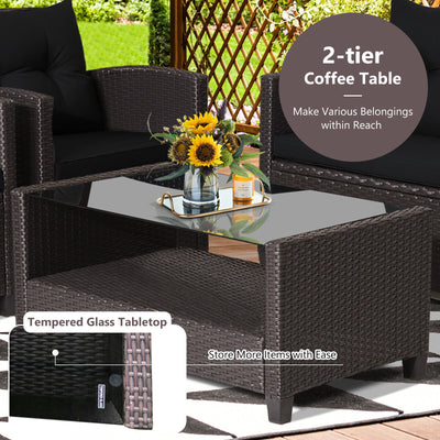 4 Pieces Patio Rattan Conversation Furniture Set with Glass Top Coffee Table