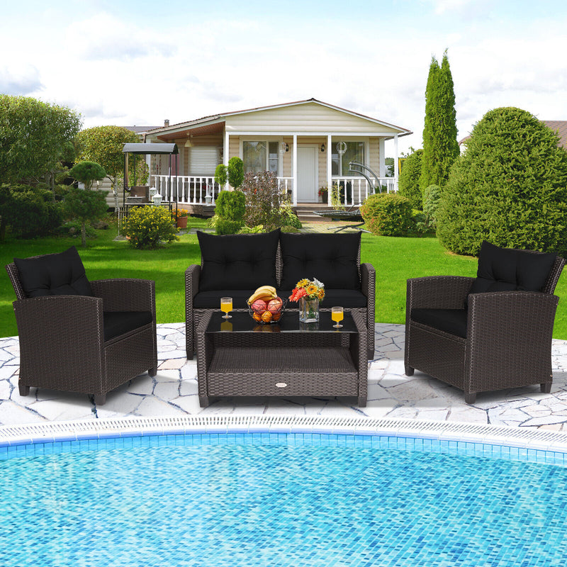 4 Pieces Patio Rattan Conversation Furniture Set with Glass Top Coffee Table