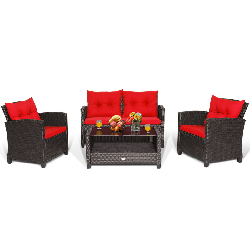 4 Pieces Patio Rattan Conversation Furniture Set with Glass Top Coffee Table