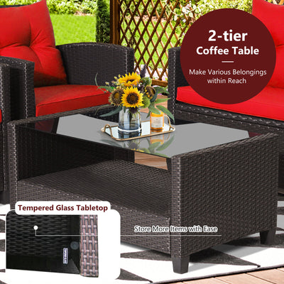 4 Pieces Patio Rattan Conversation Furniture Set with Glass Top Coffee Table