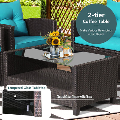 4 Pieces Patio Rattan Conversation Furniture Set with Glass Top Coffee Table