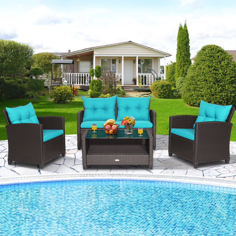 4 Pieces Patio Rattan Conversation Furniture Set with Glass Top Coffee Table