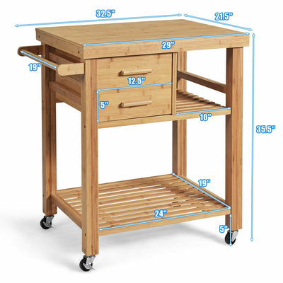 Rolling Bamboo Trolley Cart with Tower Rack and Drawers