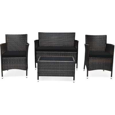 4 Pieces Comfortable Outdoor Rattan Sofa Set with Glass Coffee Table