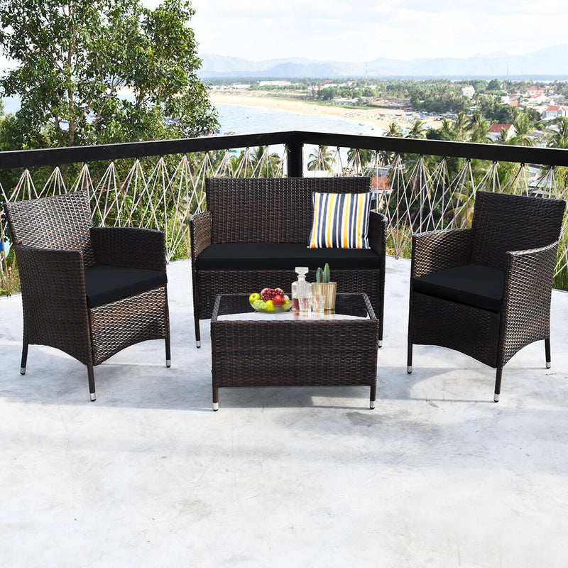 4 Pieces Comfortable Outdoor Rattan Sofa Set with Glass Coffee Table