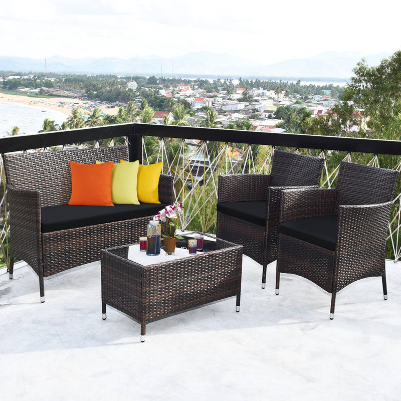 4 Pieces Comfortable Outdoor Rattan Sofa Set with Glass Coffee Table