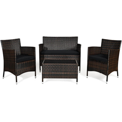 4 Pieces Comfortable Outdoor Rattan Sofa Set with Glass Coffee Table