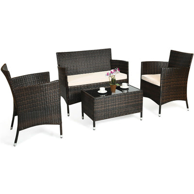 4 Pieces Comfortable Outdoor Rattan Sofa Set with Glass Coffee Table