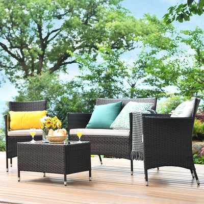 4 Pieces Comfortable Outdoor Rattan Sofa Set with Glass Coffee Table