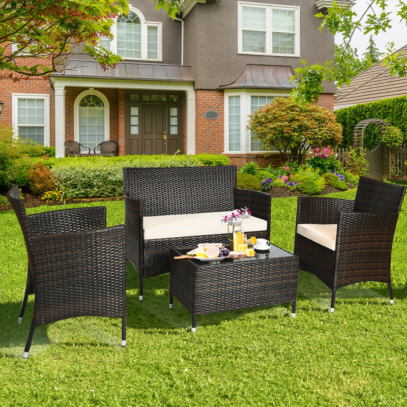 4 Pieces Comfortable Outdoor Rattan Sofa Set with Glass Coffee Table