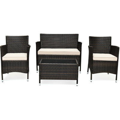 4 Pieces Comfortable Outdoor Rattan Sofa Set with Glass Coffee Table