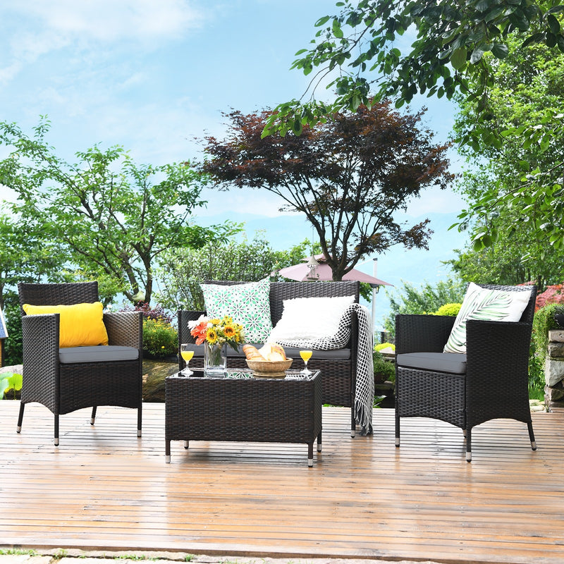 4 Pieces Comfortable Outdoor Rattan Sofa Set with Glass Coffee Table