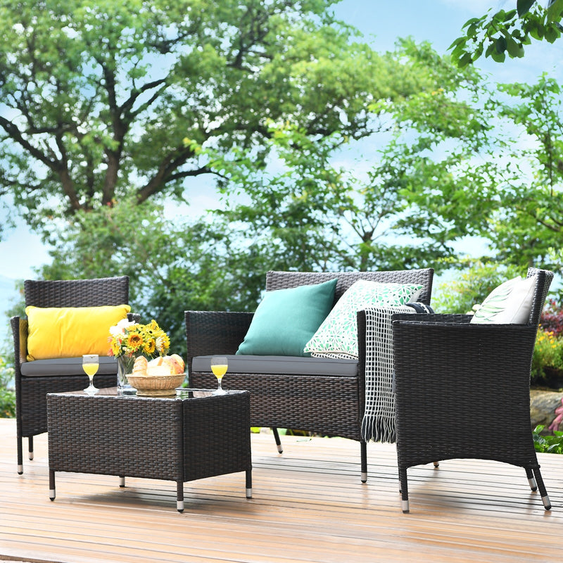 4 Pieces Comfortable Outdoor Rattan Sofa Set with Glass Coffee Table