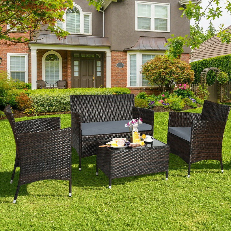 4 Pieces Comfortable Outdoor Rattan Sofa Set with Glass Coffee Table