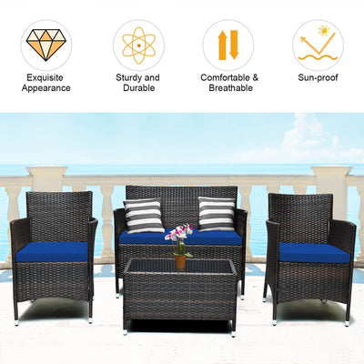 4 Pieces Comfortable Outdoor Rattan Sofa Set with Glass Coffee Table