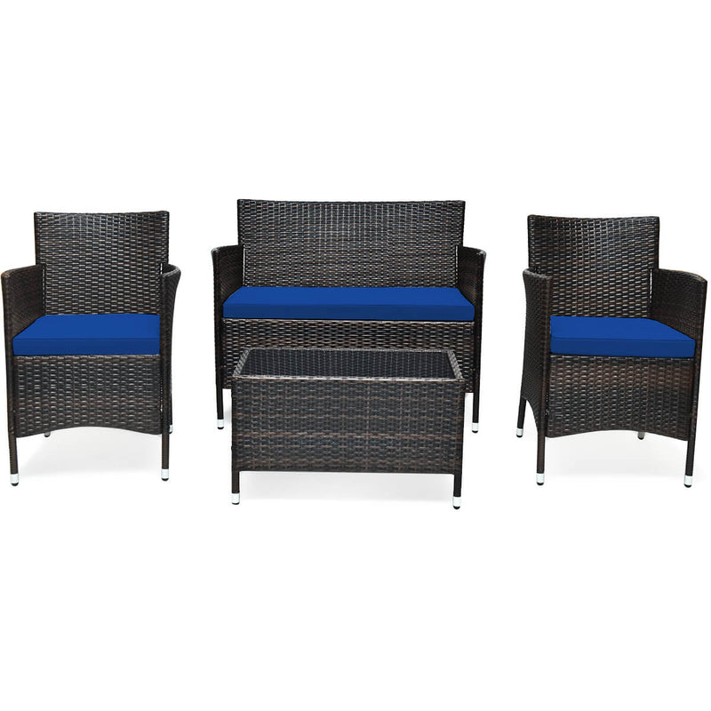 4 Pieces Comfortable Outdoor Rattan Sofa Set with Glass Coffee Table