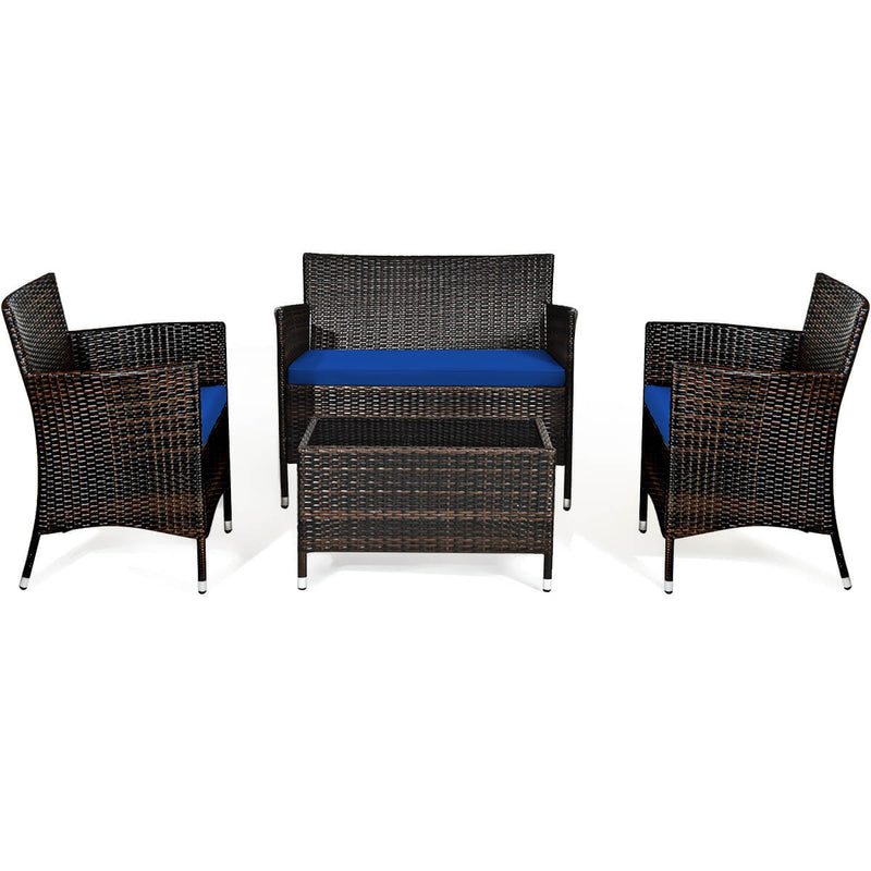 4 Pieces Comfortable Outdoor Rattan Sofa Set with Glass Coffee Table