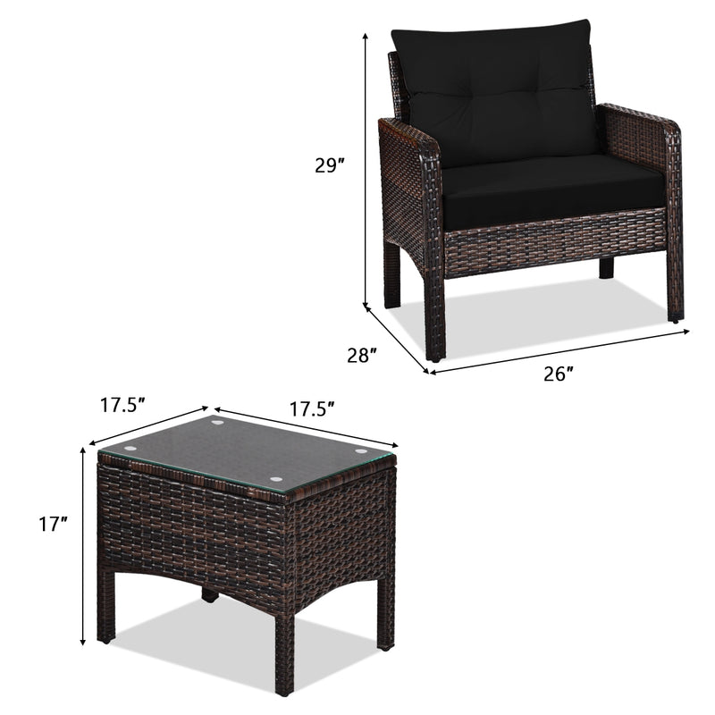 3 Pieces Outdoor Patio Rattan Conversation Set with Seat Cushions