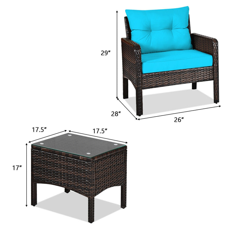 3 Pieces Outdoor Patio Rattan Conversation Set with Seat Cushions