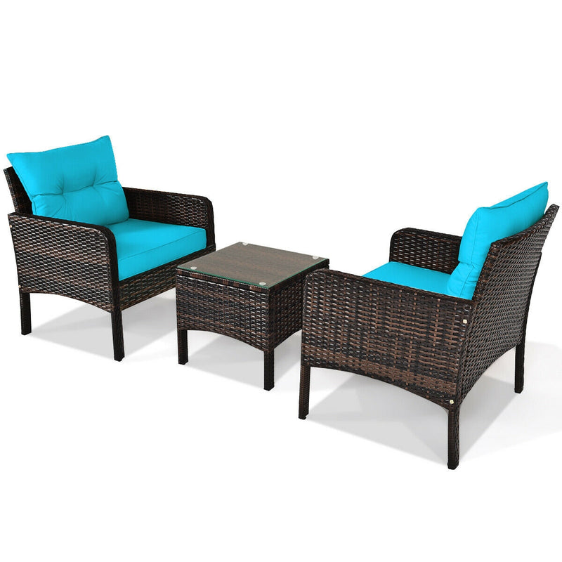 3 Pieces Outdoor Patio Rattan Conversation Set with Seat Cushions