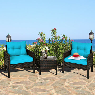 3 Pieces Outdoor Patio Rattan Conversation Set with Seat Cushions