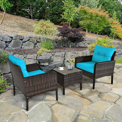 3 Pieces Outdoor Patio Rattan Conversation Set with Seat Cushions