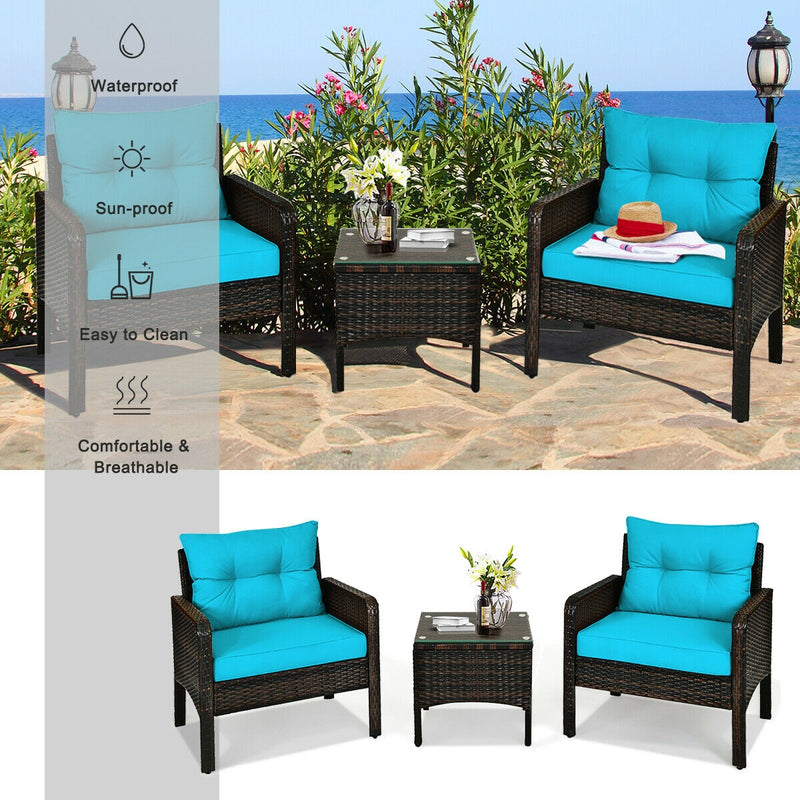 3 Pieces Outdoor Patio Rattan Conversation Set with Seat Cushions