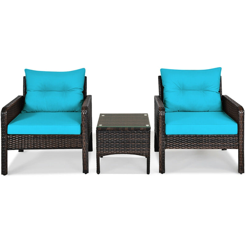 3 Pieces Outdoor Patio Rattan Conversation Set with Seat Cushions