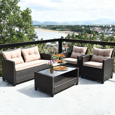 4 Pieces Patio Rattan Conversation Furniture Set with Glass Top Coffee Table