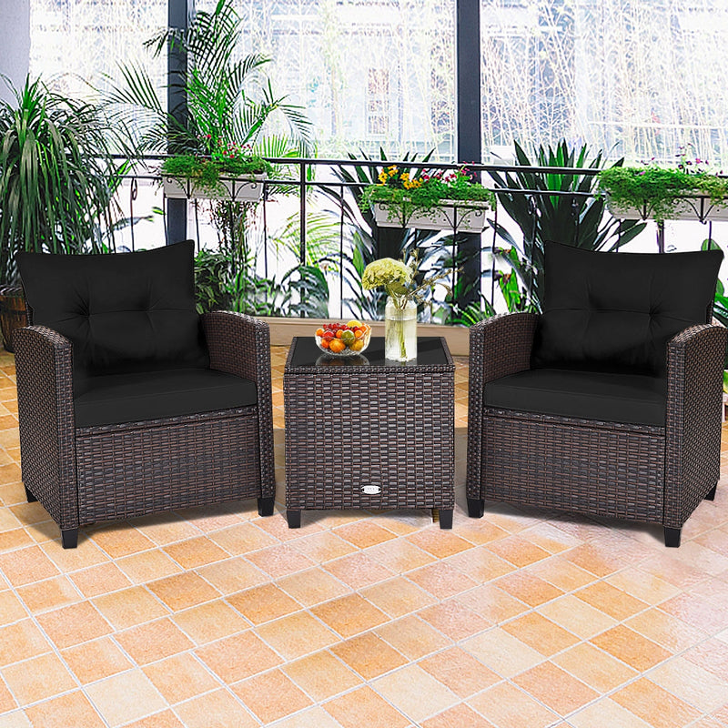 3 Pieces Rattan Patio Furniture Set with Washable Cushion