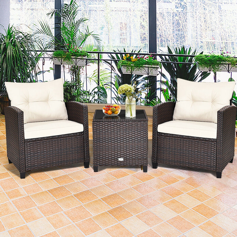 3 Pieces Rattan Patio Furniture Set with Washable Cushion