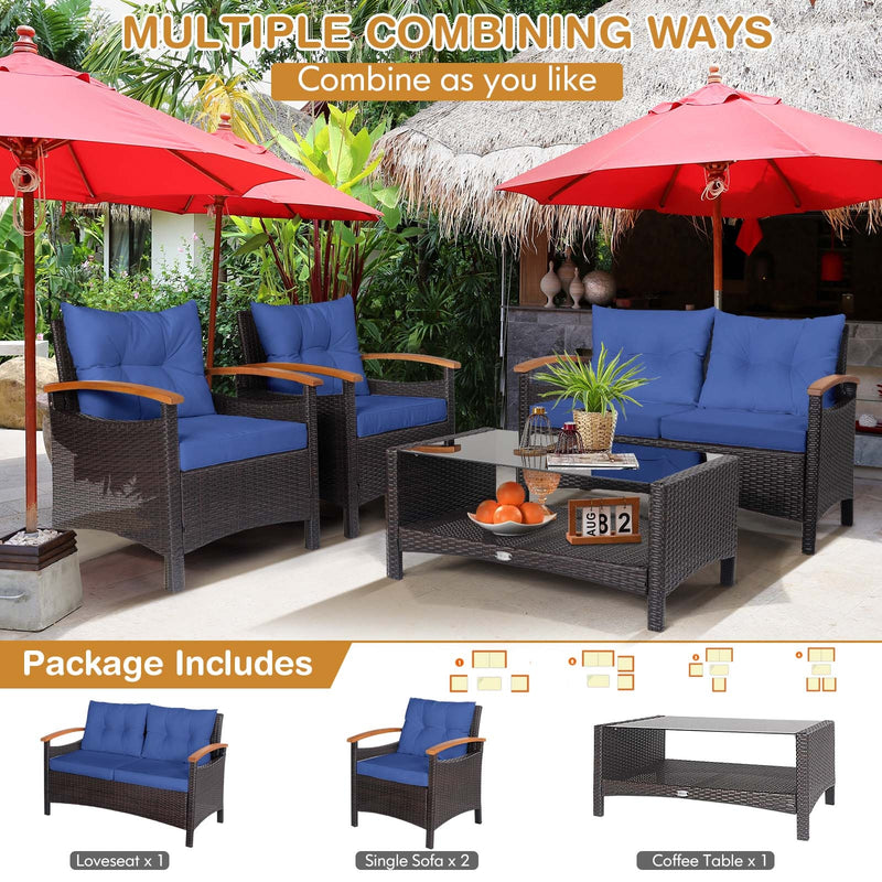 4 Pieces Patio Rattan Furniture Set with Cushioned Sofa and Storage Table