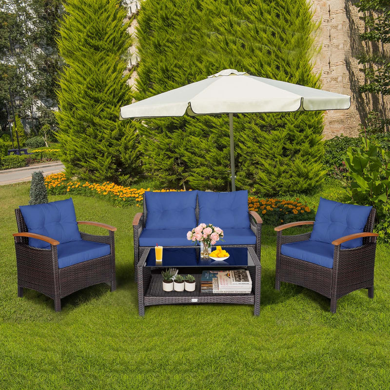 4 Pieces Patio Rattan Furniture Set with Cushioned Sofa and Storage Table