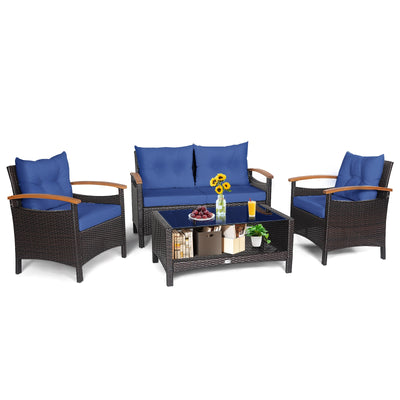 4 Pieces Patio Rattan Furniture Set with Cushioned Sofa and Storage Table