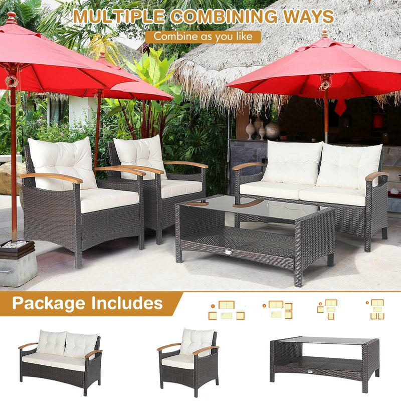 4 Pieces Patio Rattan Furniture Set with Cushioned Sofa and Storage Table