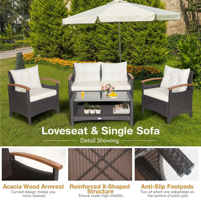 4 Pieces Patio Rattan Furniture Set with Cushioned Sofa and Storage Table