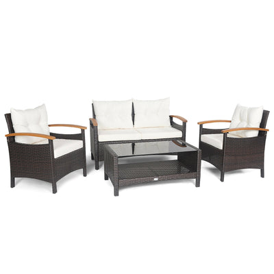 4 Pieces Patio Rattan Furniture Set with Cushioned Sofa and Storage Table