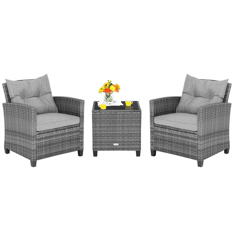 3 Pieces Outdoor Wicker Conversation Set with Tempered Glass Tabletop