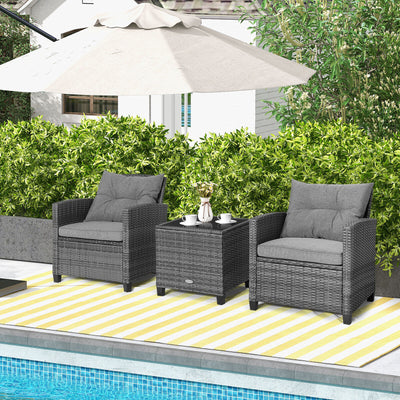 3 Pieces Outdoor Wicker Conversation Set with Tempered Glass Tabletop