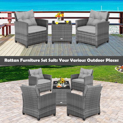 3 Pieces Outdoor Wicker Conversation Set with Tempered Glass Tabletop