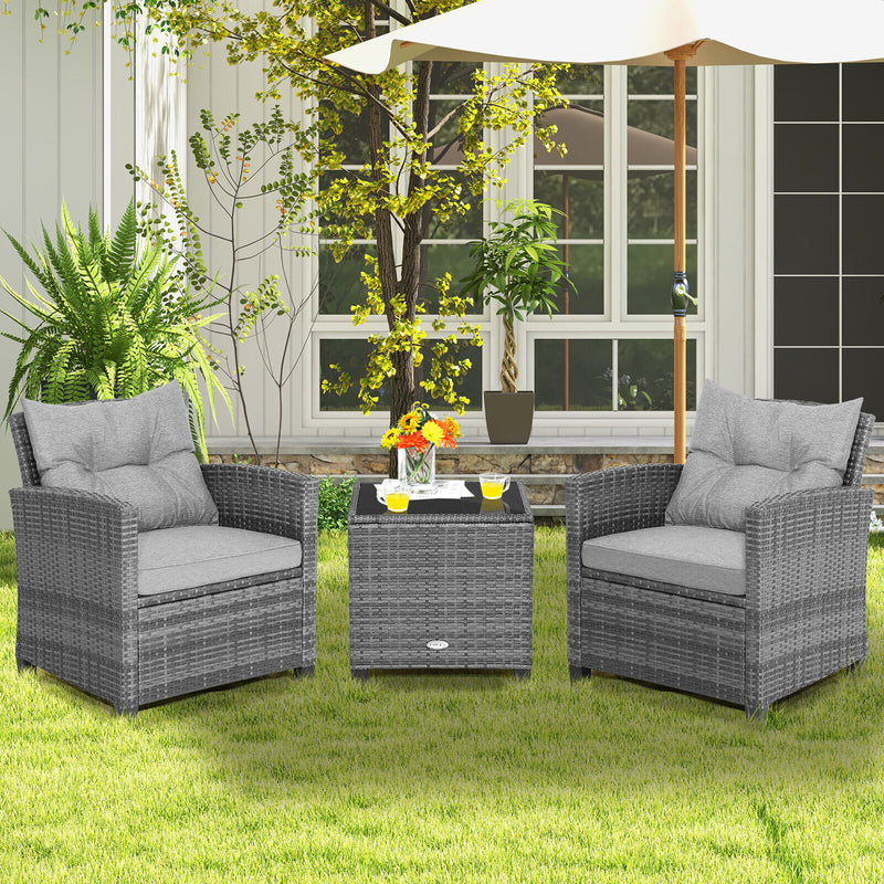 3 Pieces Outdoor Wicker Conversation Set with Tempered Glass Tabletop