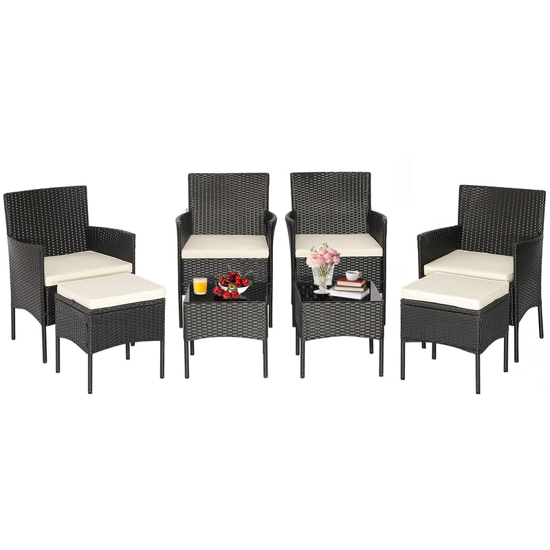 8 Pieces Patio Wicker Conversation Set with 2 Coffee Tables and 2 Ottomans