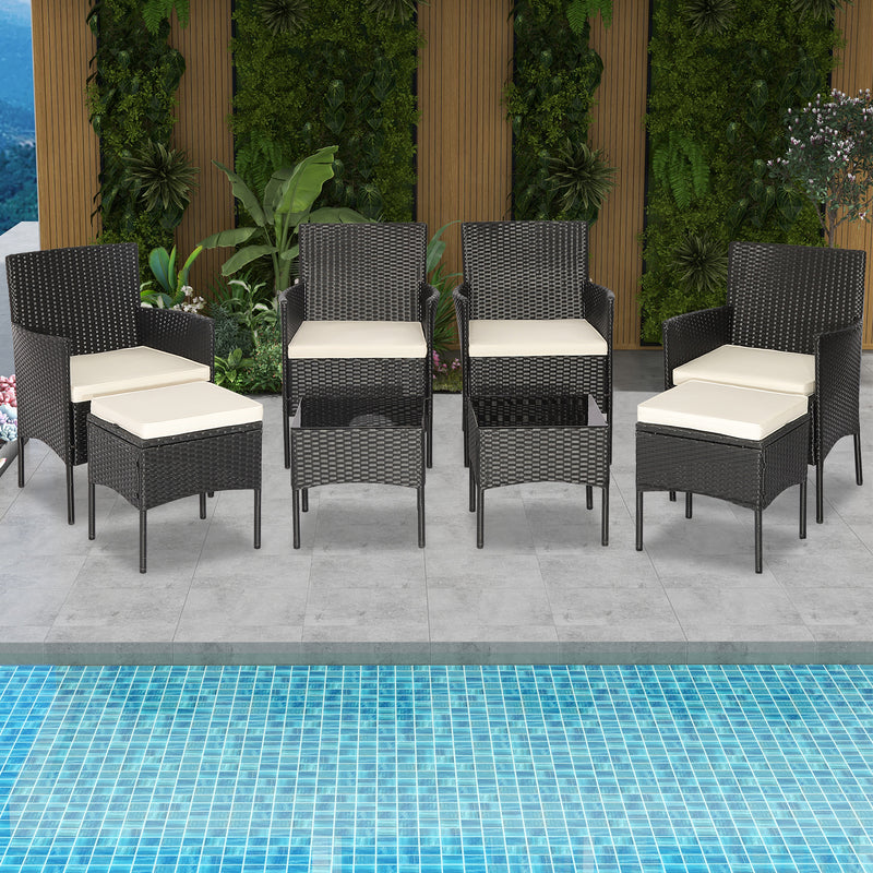 8 Pieces Patio Wicker Conversation Set with 2 Coffee Tables and 2 Ottomans