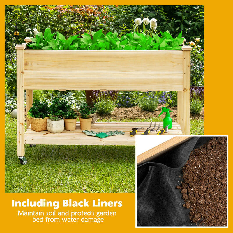 Wood Elevated Planter Bed with Lockable Wheels Shelf and Liner