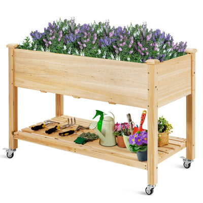 Wood Elevated Planter Bed with Lockable Wheels Shelf and Liner