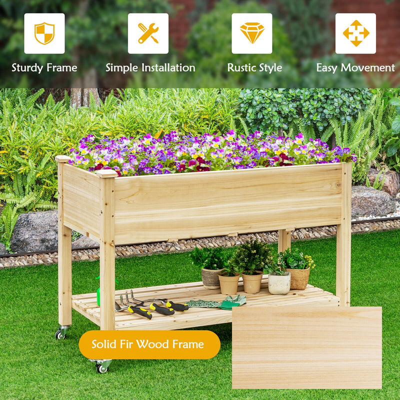 Wood Elevated Planter Bed with Lockable Wheels Shelf and Liner