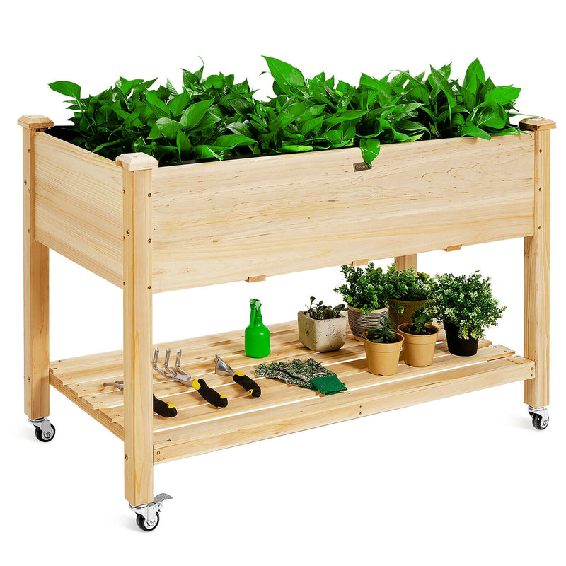 Wood Elevated Planter Bed with Lockable Wheels Shelf and Liner