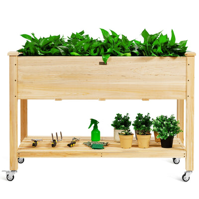 Wood Elevated Planter Bed with Lockable Wheels Shelf and Liner