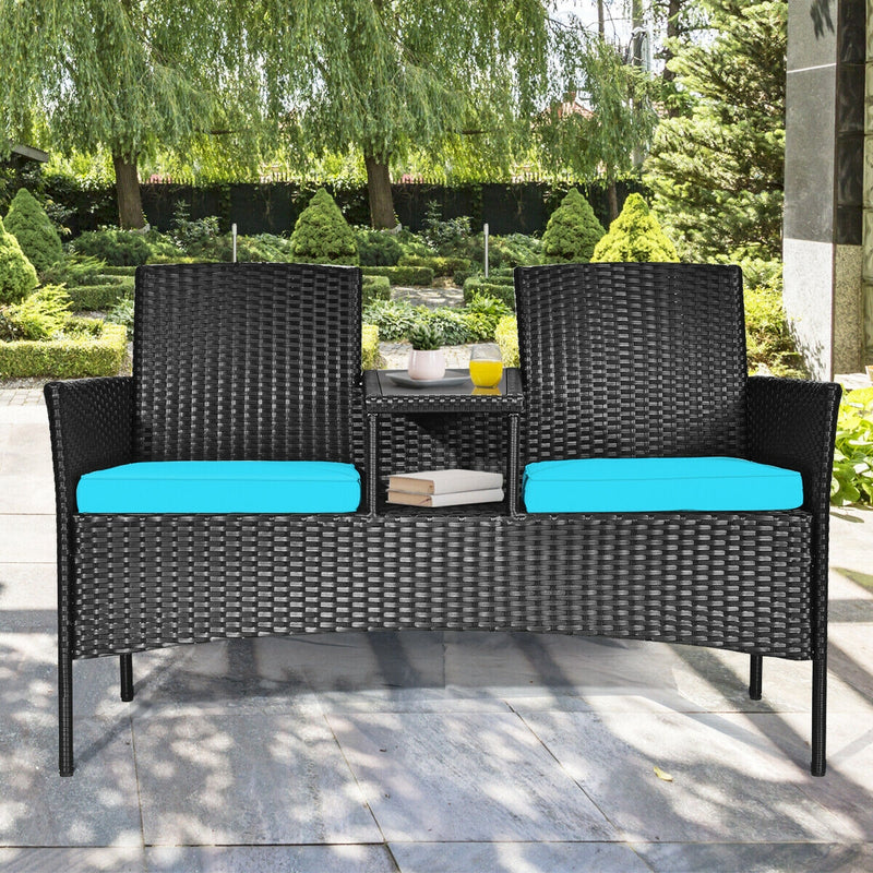 Wicker Patio Conversation Furniture Set with Removable Cushions and Table