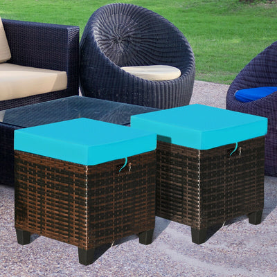 2 pcs Portable Rattan Ottoman with Removable and Washable Cushion